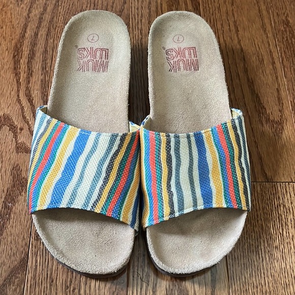 Muk Luks Lea Striped Canvas Slides Cork Wedge Size 7 - Picture 2 of 8